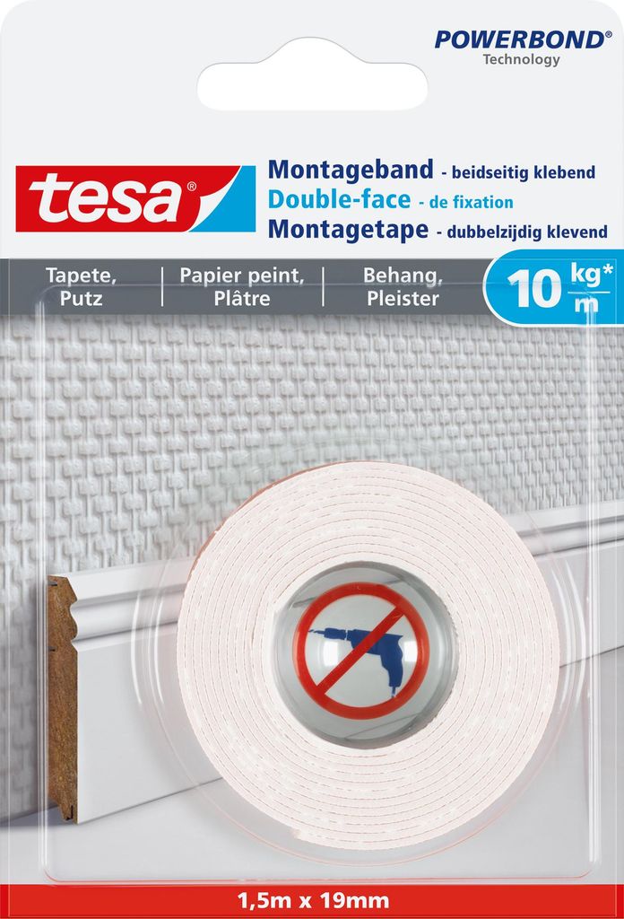 tesa Montageband Tapete & Putz, 10 kg 1,5 m x 19 mm Produktbild 