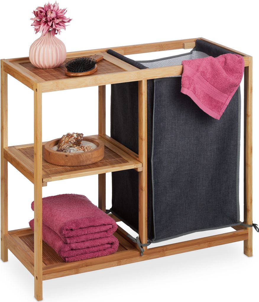 Relaxdays Wäschekorb Regal Bambus, 3 Ablagen, herausnehmbarer Stoffsack, HBT: 65x68x33 cm, Wäschesammler Bad, natur/grau