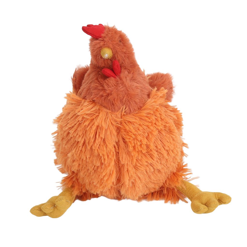 A plush toy chicken is shown against a white background.