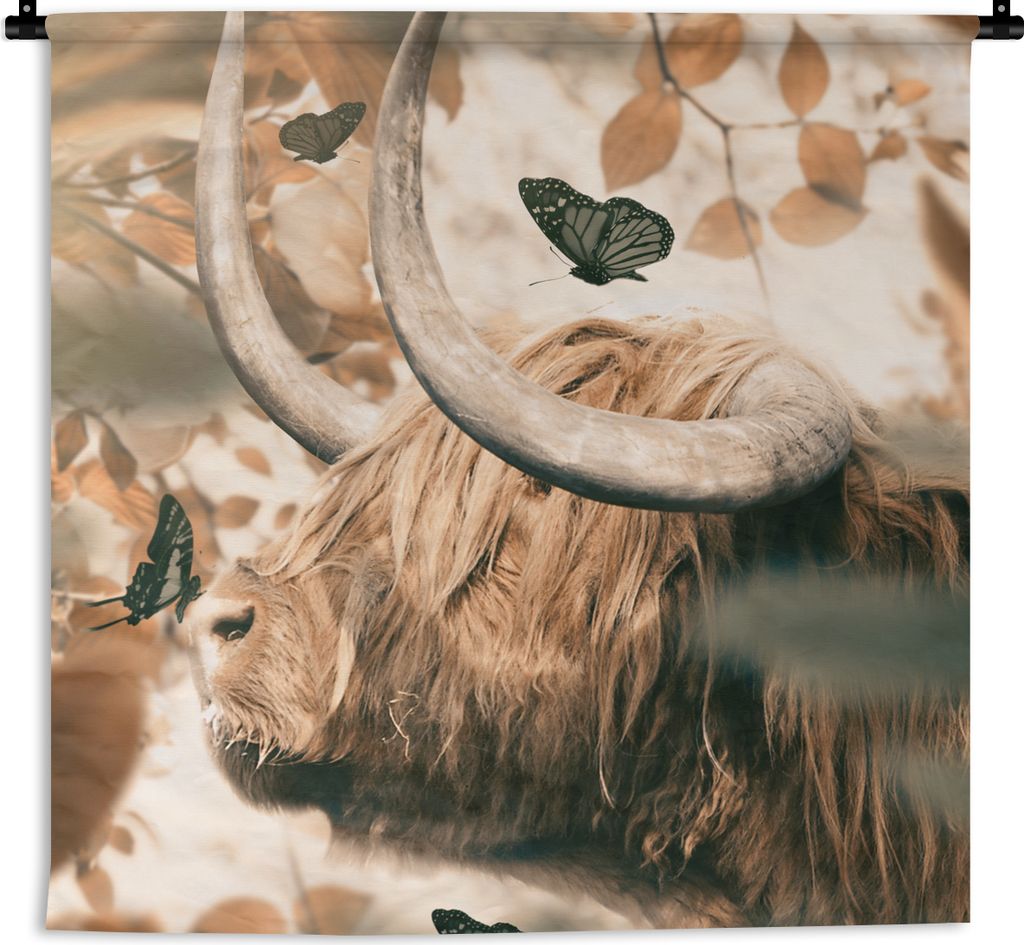 MuchoWow Wandteppich Wandbehang Schottisches Hochlandrind - Schmetterling - Blätter 150x150 cm Tapisserie Dekoration Wandtuch - Wohnaccessoires ...
