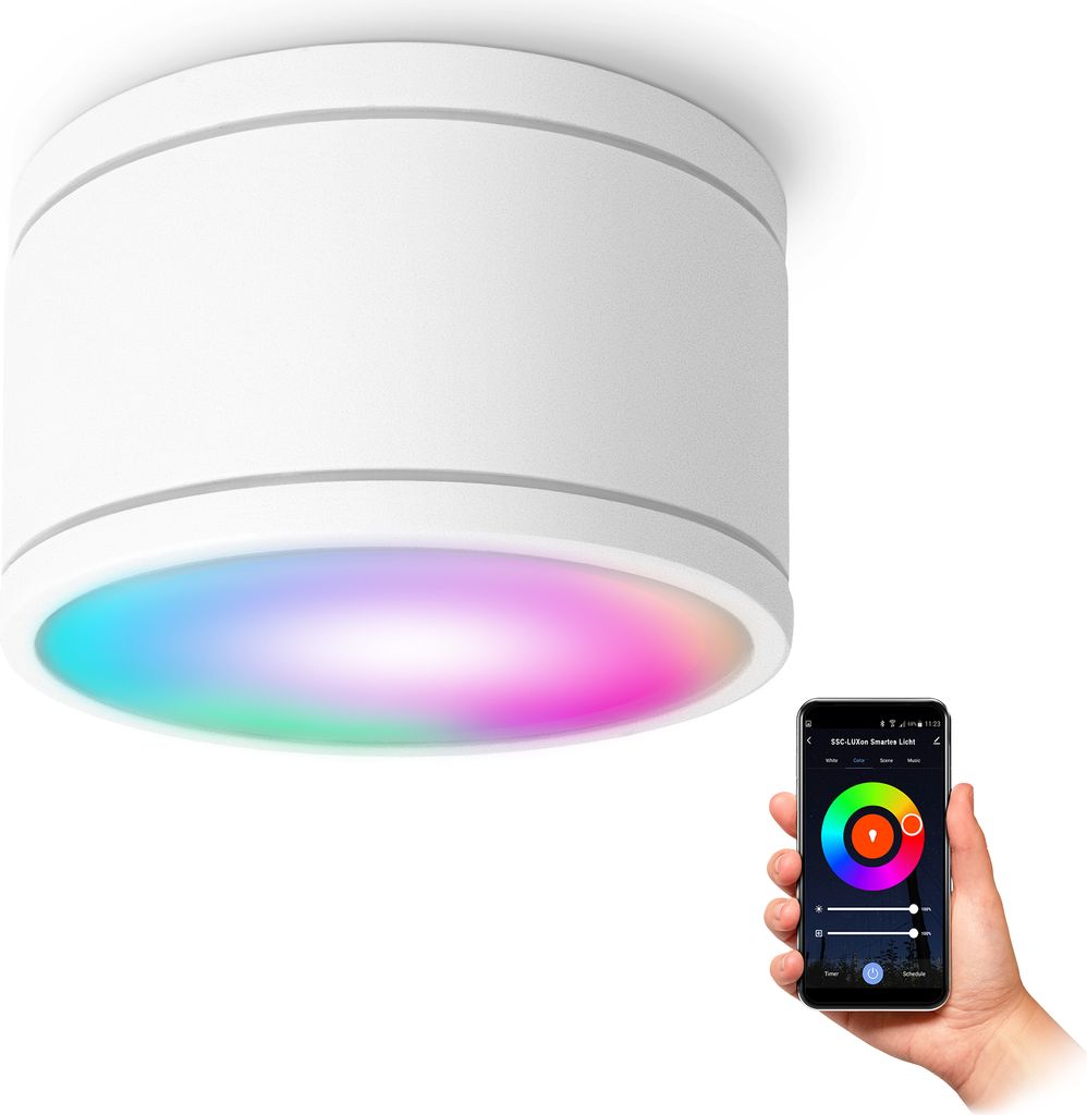 SSC-LUXon CELI-WX Aufbauspot IP44 weiss flach mit LED Birne GX53 kompatibel mit Alexa, Siri & Google - Strahler WLAN Smart LED RGBW