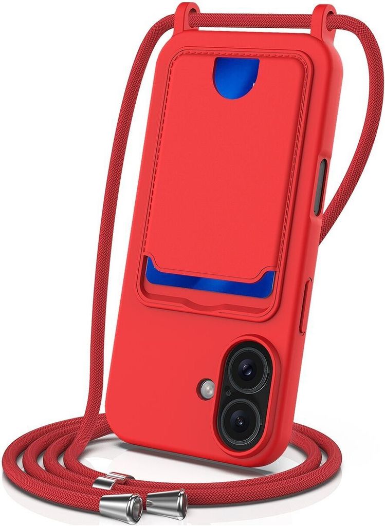Mobigear Lanyard Card iPhone 16 Plus Silikon Handykette mit Kartenhalter - Rot