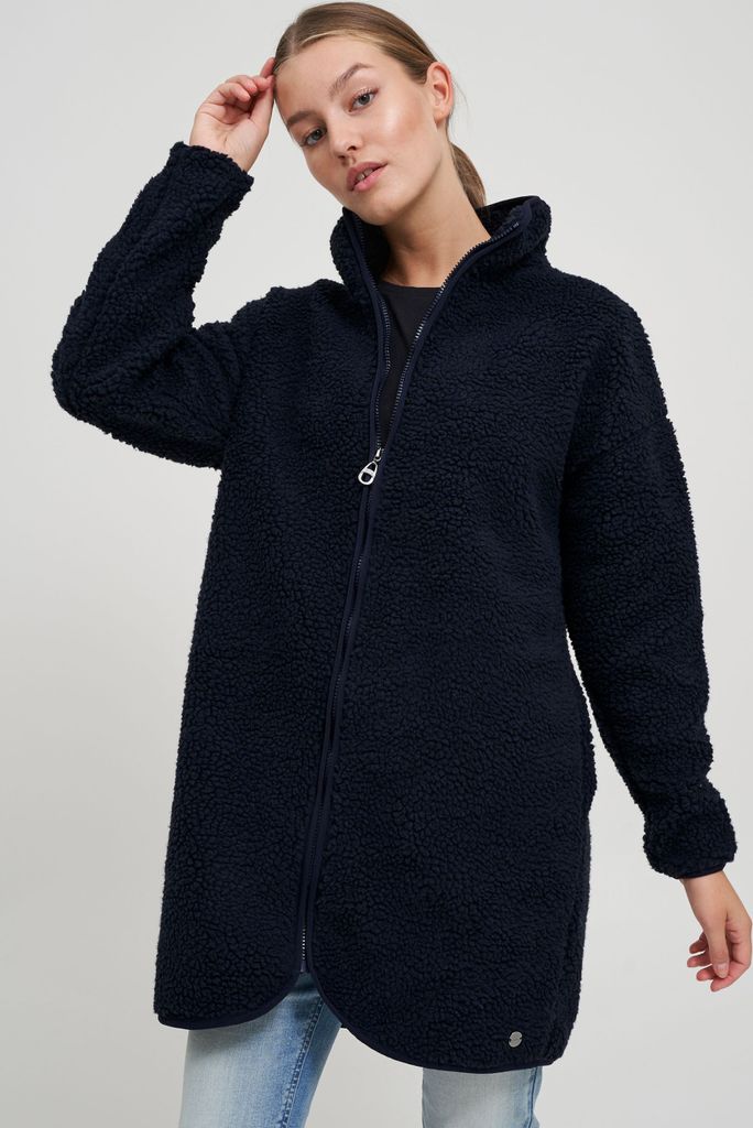 OXMO OXTova Damen Sweatjacke Lang Jacke mit Teddy-Fell Stehkragen Reißverschluss Eingrifftaschen Loose fit