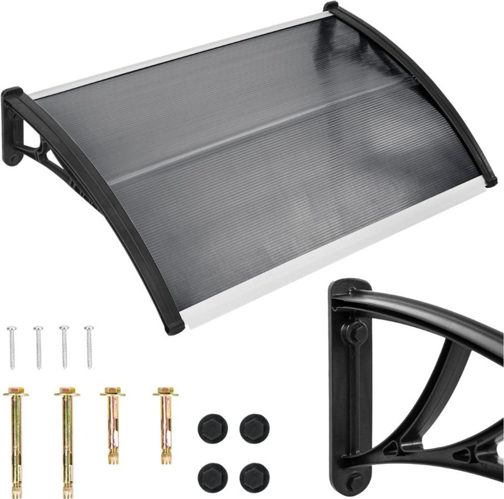 A door canopy and its mounting hardware are displayed against a white background.