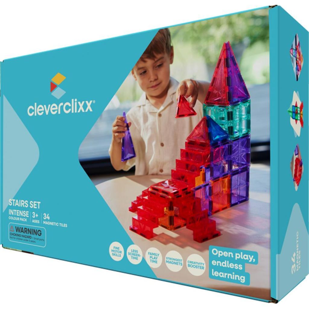 Cleverclixx Treppen Set Knallfarben 34 Teile, langlebiges Magnetspielzeug, magnetische Bausteine, erweiterbare Sets für Kinder ab 3 Jahren