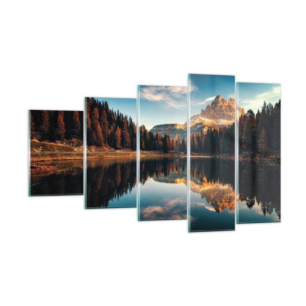 Bilder auf glas - 5 Teile - Spiegelung See Landschaft - 100x60cm - Glasbilder - Wandbilder - Bilder - zum Aufhängen bereit - Wanddekoration aus Gl...