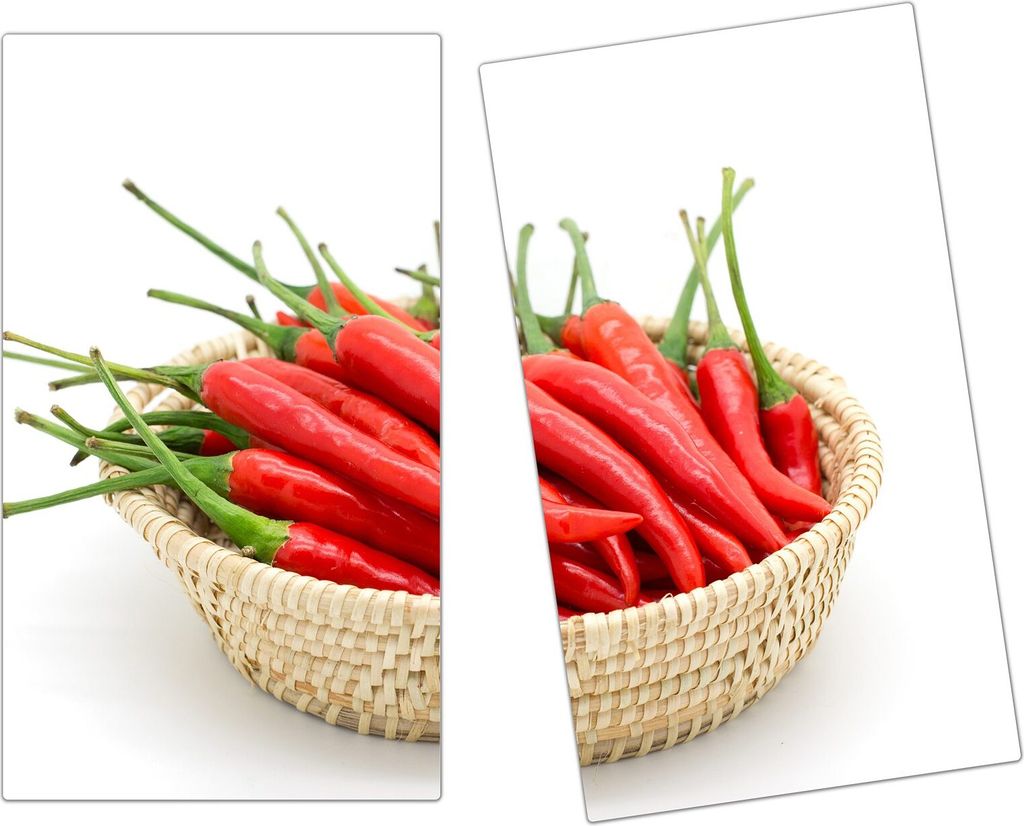 Spritzschutz Herdabdeckplatte Schneidebrett aus Glas Chilischoten in Schale 2-Teilig (60x52cm)