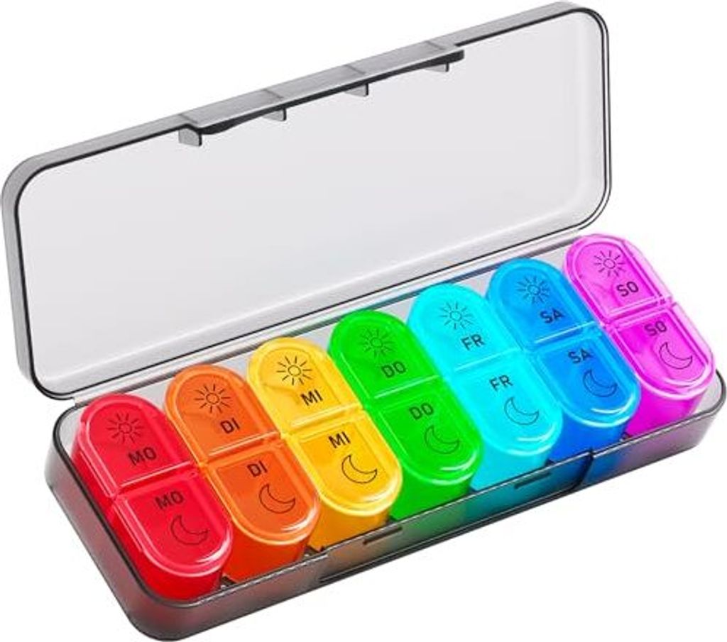 Pill Box 7 Tage Morgenabend, Woche 2 Fächer groß, Medikamente klein auf Go Tablet Organizer 14 tragbar (schwarz)
