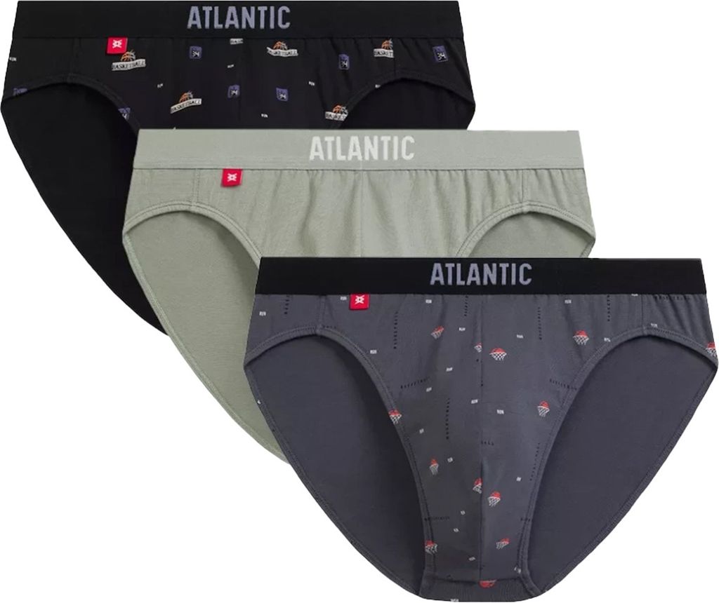 Atlantic Herren-Slips 3er-Pack | Baumwolle & Elasthan | Schwarz, Grün, Grau | Basketball-Print | Sportlicher Schnitt | Weicher Logo-Bund | M-XXL