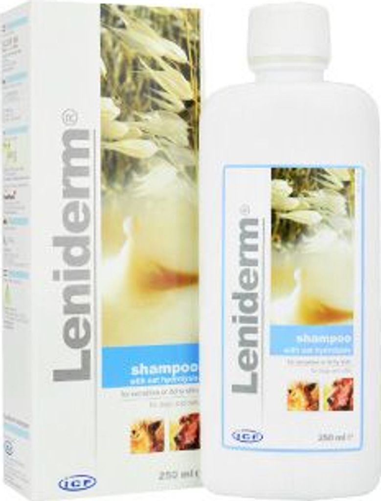A product shot of a bottle of Leniderm shampoo next to its packaging.
