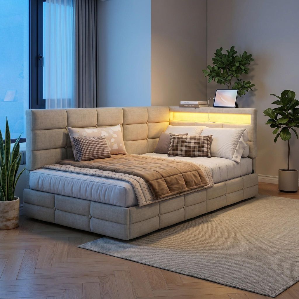 INONEFT Polsterbett Kinderbett 90x200cm mit LED und USB, Produktbild 