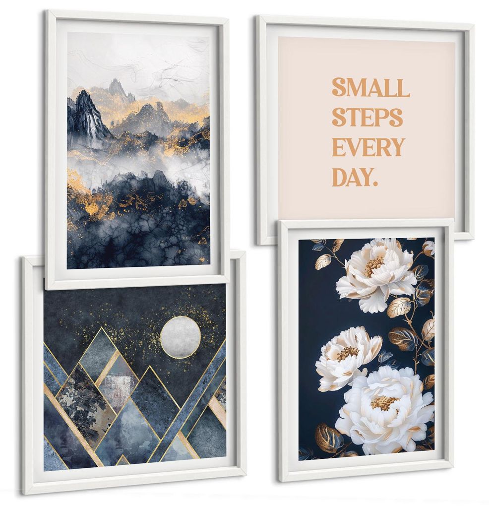 Bilder Set 4-teilig im Goldrahmen Rahmen – Wandbilder 4 Stück – gerahmte Poster für Wohnzimmer, Schlafzimmer und Flur – 50x50 cm - 40x60 cm...