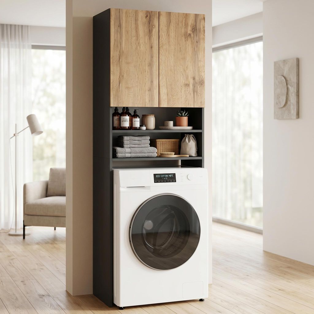 Badschrank Wotan Eiche / Anthrazit stehend | Schmaler Produktbild 