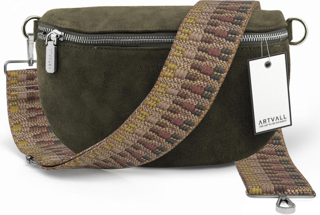 ARTVALL - Umhängetasche aus Wildleder, Klein mit verstellbarem Schultergurt, abnehmbares Taschenband, Crossbody Bag in Dunkelgrün