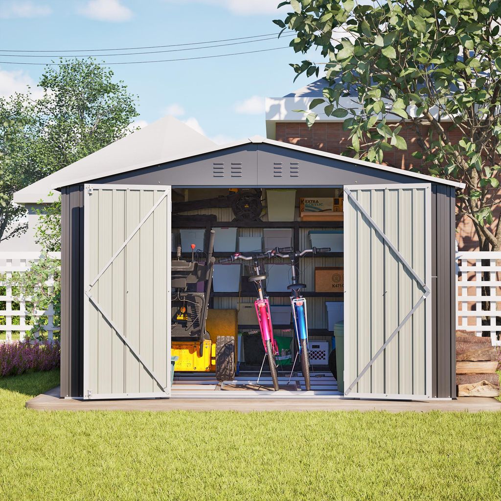 Robuster Geräteschuppen Metall Gartenhaus mit Satteldach XXXL (300x252x191 cm) Sicheres Lager für Gartengeräte & Werkzeug Grau
