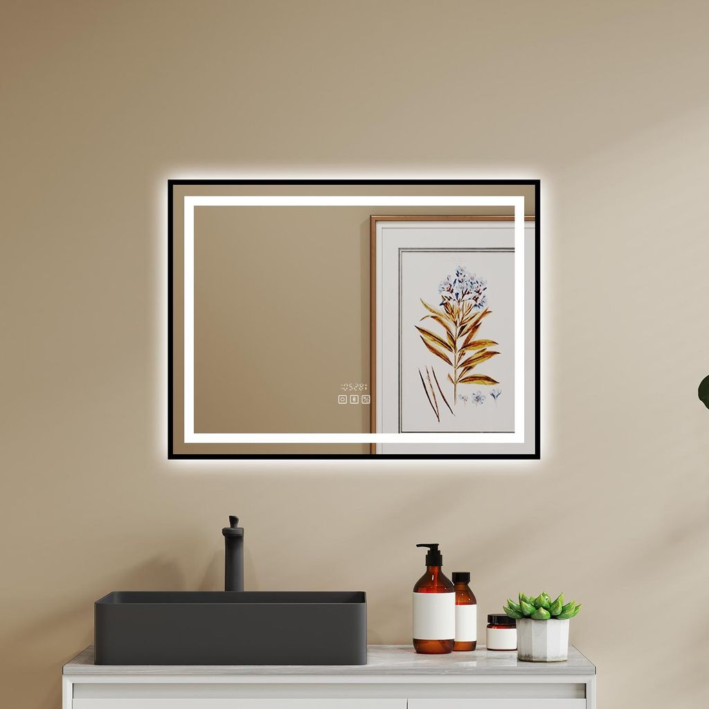 LED Badspiegel 80×60cm mit Beschlagfrei Bluetooth Uhr 3 Lichfarbe dimmbar Spiegel mit Schwarzem Rahmen