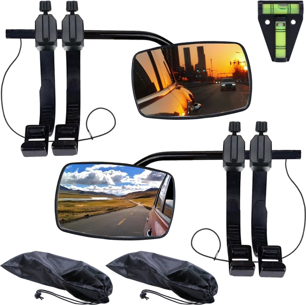 A collage of caravan mirrors, a spirit level, and carrying bags.