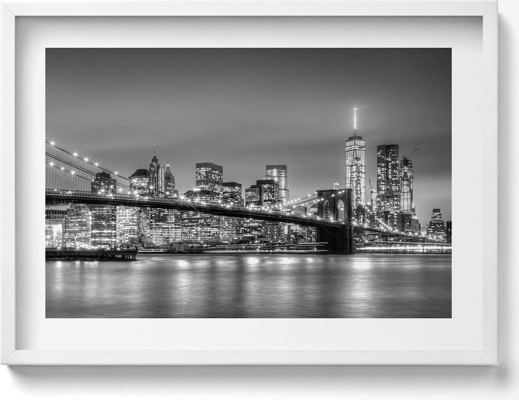 New Yorker Brooklyn Bridge bei Nacht– Wandbild mit Rahmen – Gerahmtes Bild – Wanddekoration – 70x50 cm – Schwarz Rahmen