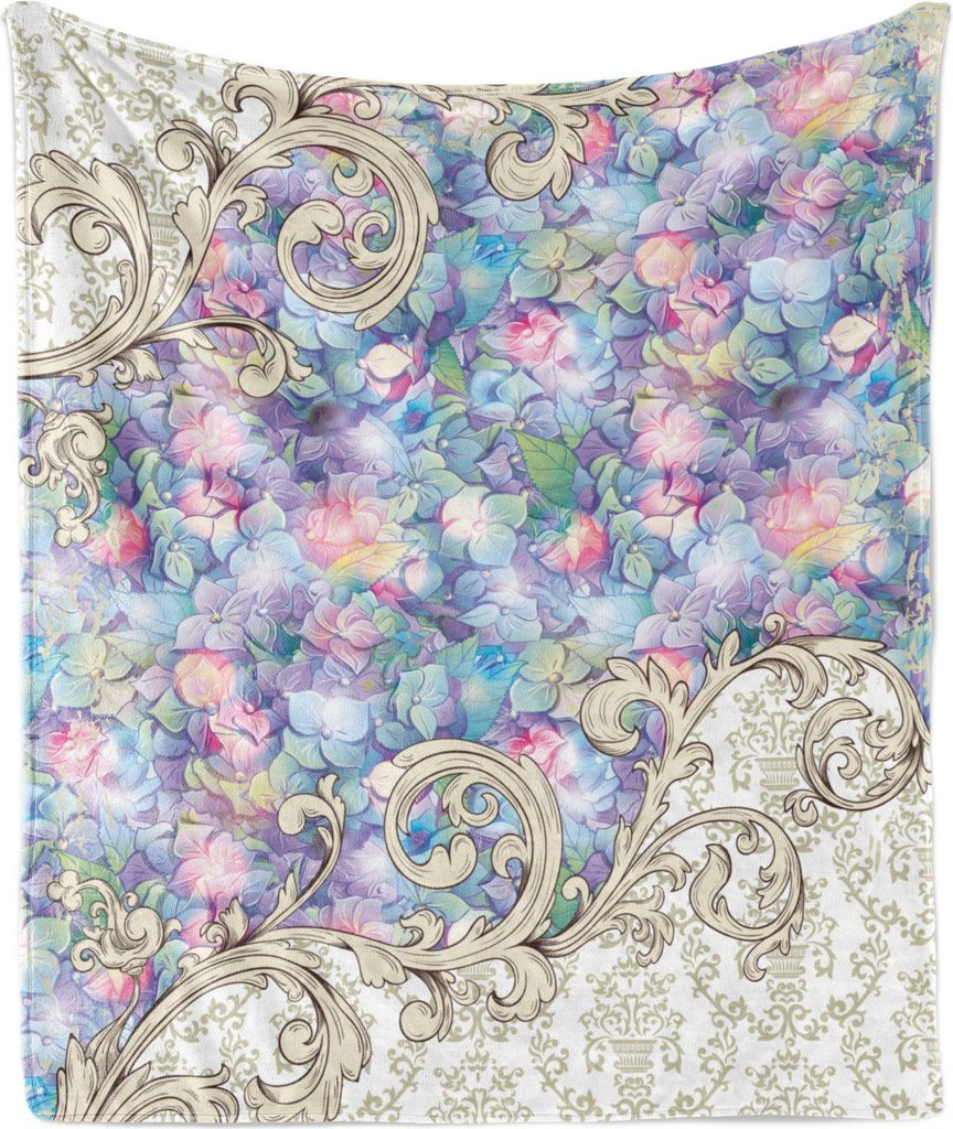 ABAKUHAUS Blume Weich Flanell Fleece Decke, Bunte Hortensien Romantisches Barock wirbelt Art Nouveau inspiriertes Design Drucken, 175 x 230 cm, Fli...