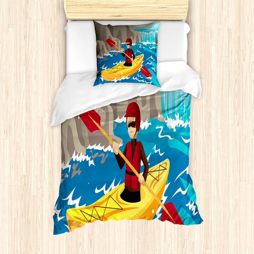 ABAKUHAUS Set copripiumino avventura per letti singoli, ragazzo in kayak sul fiume, antiacaro, adatto a chi soffre di allergie, con federa, 135 cm x 200 cm - 80 x 80 cm, multicolore