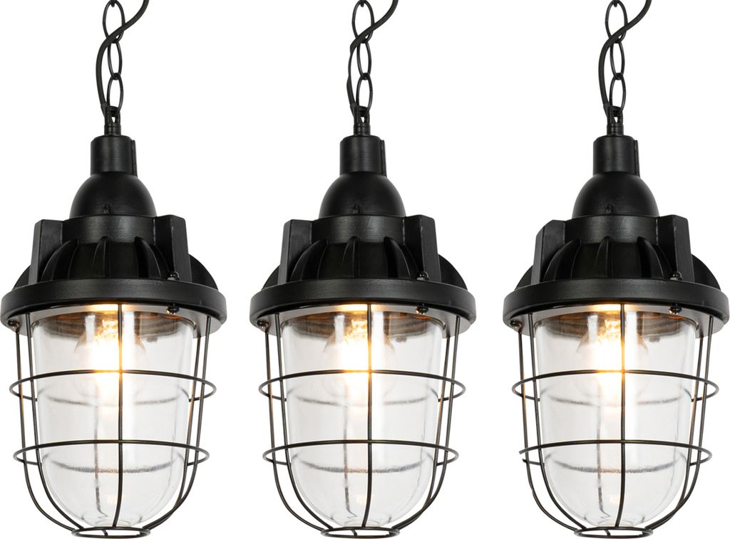 QAZQA - Industrie I Vintage I Set mit 3 Industrie-Hängelampe I Pendellampe I Pendelleuchten schwarz - Cabin I Wohnzimmer - SteinIBeton Länglich I...
