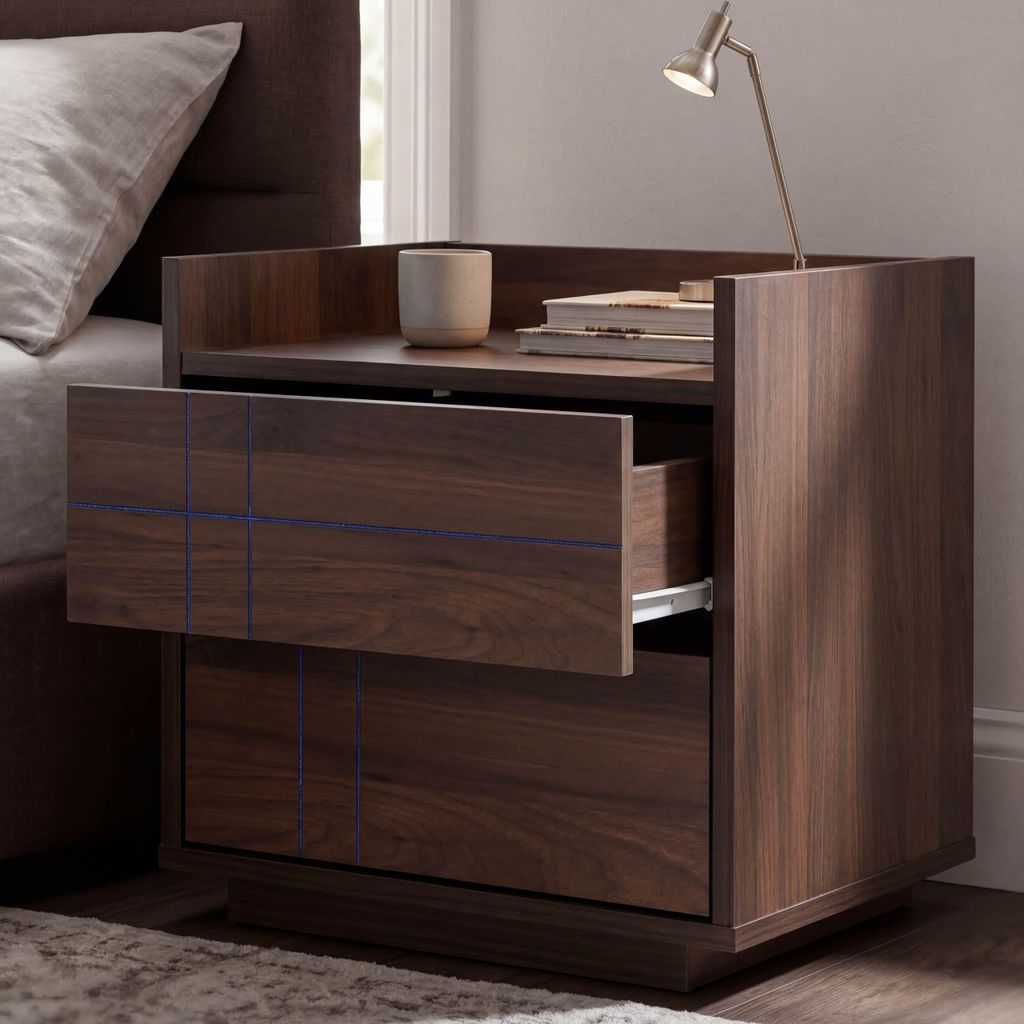 Nachttisch MCW-P44, Nachtkasten Nachtschrank Nachtkommode, 2 Schubladen MDF 43x48x41cm Walnuss-Optik