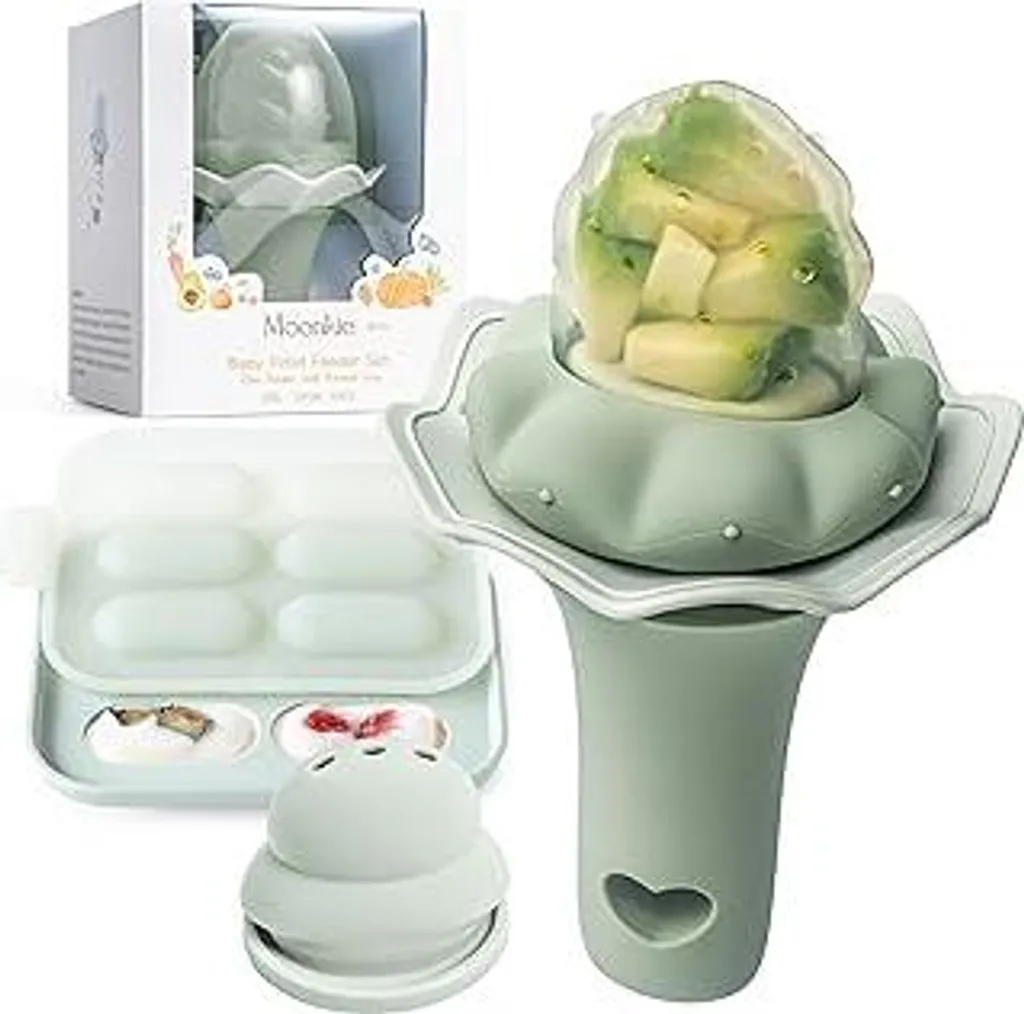 Moonkie Succhiatore di frutta per neonati con vassoio congelatore, succhiatore di frutta in silicone senza BPA con sacchetti di due dimensioni, 4 mesi+, ausilio per la dentizione, regalo per baby shower, 1 pezzo (salvia) - 1