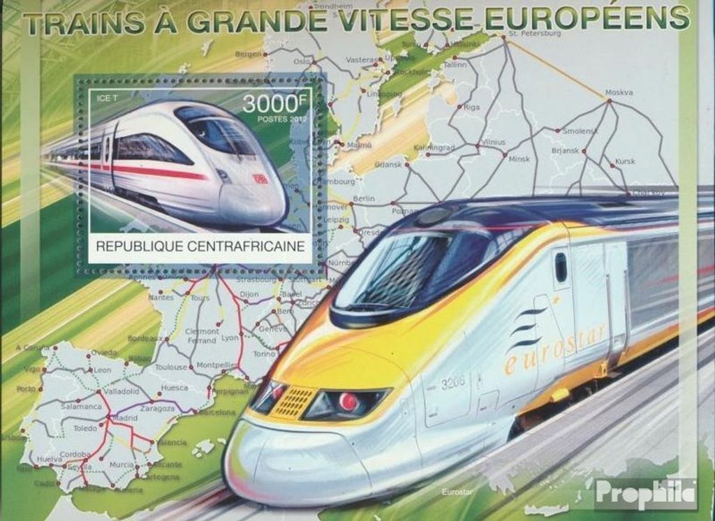 Briefmarken Zentralafrikanische Republik 2012 Mi Block 980 (kompl. Ausgabe) postfrisch Hochgeschwindigkeitszüge Europas