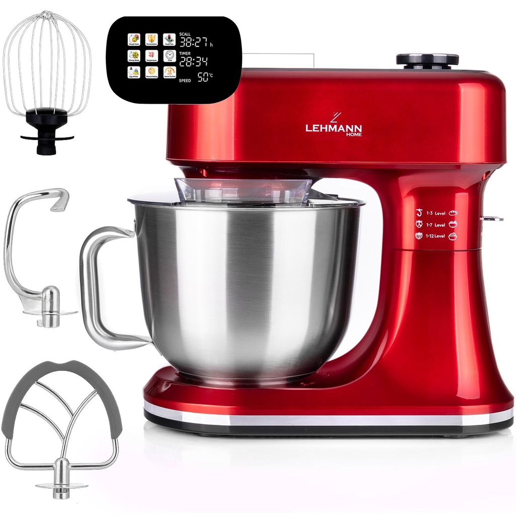 LEHMANN Küchenmaschine, integrierter Waage, 5 L beheizbarer Rührschüssel, Touchscreen, 12 Geschwindigkeiten, Timer, Rot