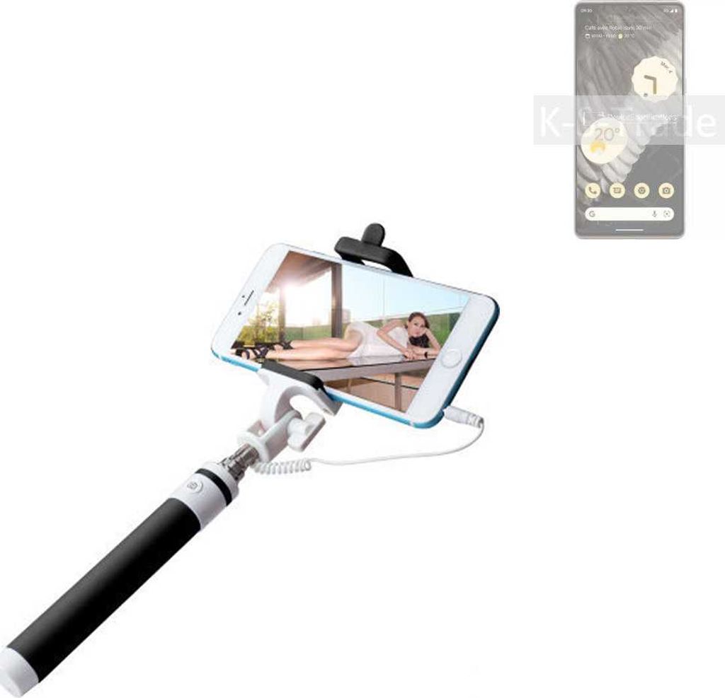 K-S-Trade Selfie Stick kompatibel mit Google Pixel 7 Pro Selfiestick kabelgebunden Monopod mit Kabel Stab Stange Selfportrait Handheldstick schwarz