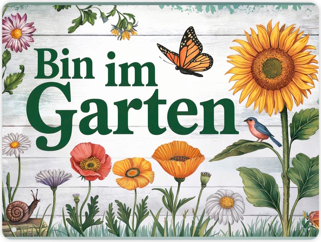 Bin im Garten Metallschild XL in 21x28 cm mit Schmetterling und Blumen