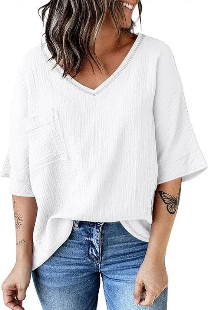 Blouse blanche oversize col V pour femme, haut d'été fluide et confortable