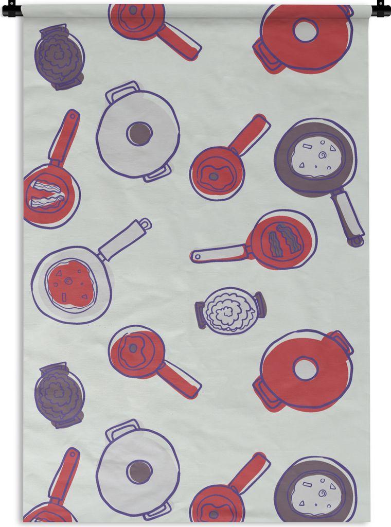 MuchoWow Wandteppich Wandbehang Muster - Kochen - Pfanne - Lebensmittel 90x135 cm Tapisserie Dekoration Wandtuch - Baumwolle - Wandskulptur