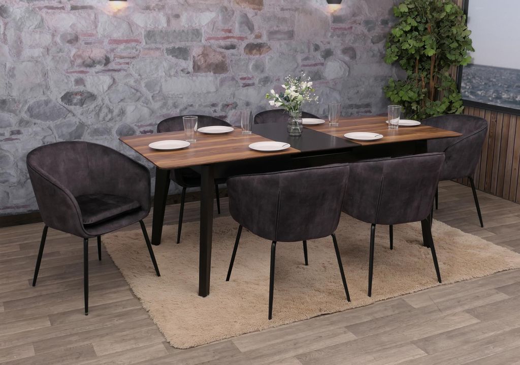 6er-Set Esszimmerstuhl HWC-O28, Küchenstuhl Polsterstuhl Stuhl, Stoff/Textil (340g/m²) Metall dunkelgrau