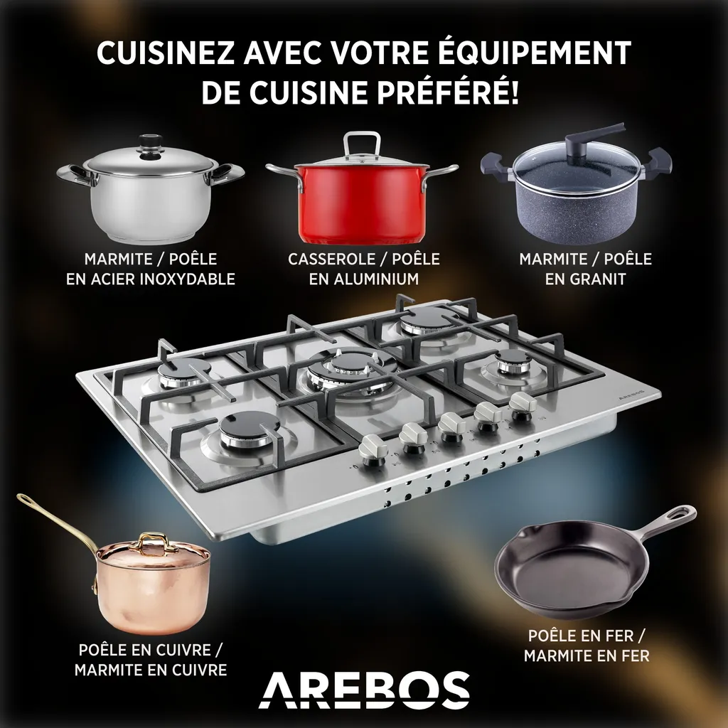 Table de cuisson gaz 5 feux AREBOS haute performance et allumage auto