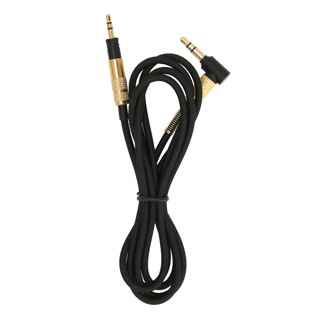 A black audio cable with gold-plated connectors is shown against a white background.