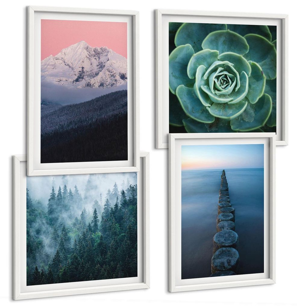 Bilder Set 4-teilig im Goldrahmen Rahmen – Wandbilder 4 Stück – gerahmte Poster für Wohnzimmer, Schlafzimmer und Flur – 50x50 cm - 40x60 cm...
