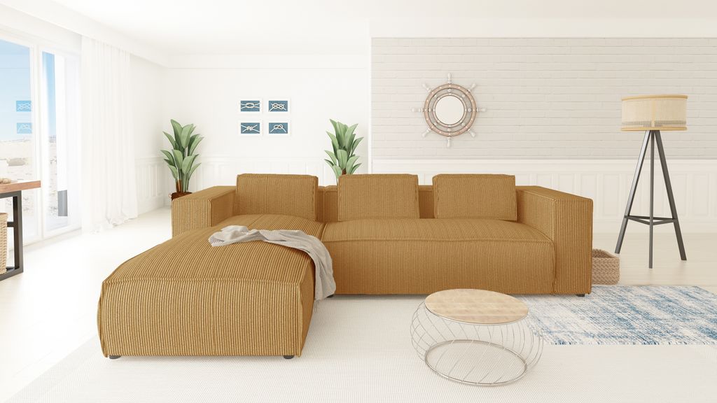 S-STYLE MÖBEL - Modernes Ecksofa Bello aus Honig Cord mit Ottomane links und weichem Sitz, B/T/H: 262 cm / 176 cm / 64 cm