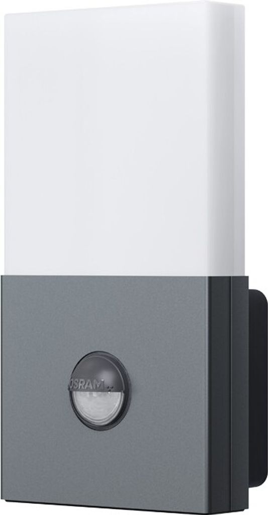 A wall-mounted outdoor light fixture with a motion and daylight sensor.