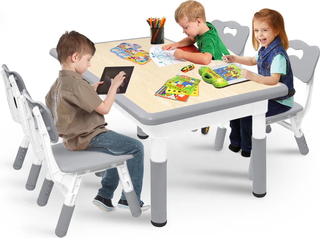 XMTECH Ensemble Table et 4 Chaises Enfant Grises avec Hauteur Réglable - 11