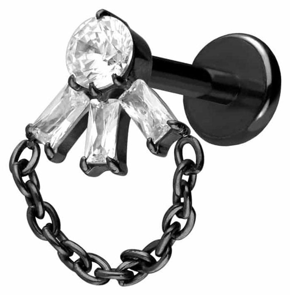 Ohrpiercing, Nasenpiercing Titan Labret mit Push Fit LOTUSBLÜTE + KETTE Schwarz Stablänge: 9mm | Stabstärke: 1mm
