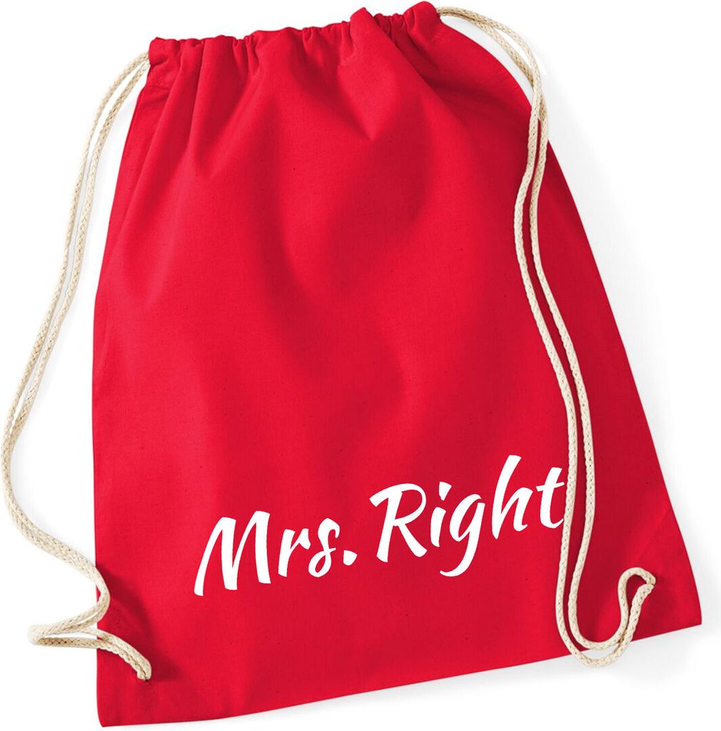 Huuraa Turnbeutel Mrs. Right Schriftzug 12 Liter Classic Red Baumwolle Rucksack Geschenkidee