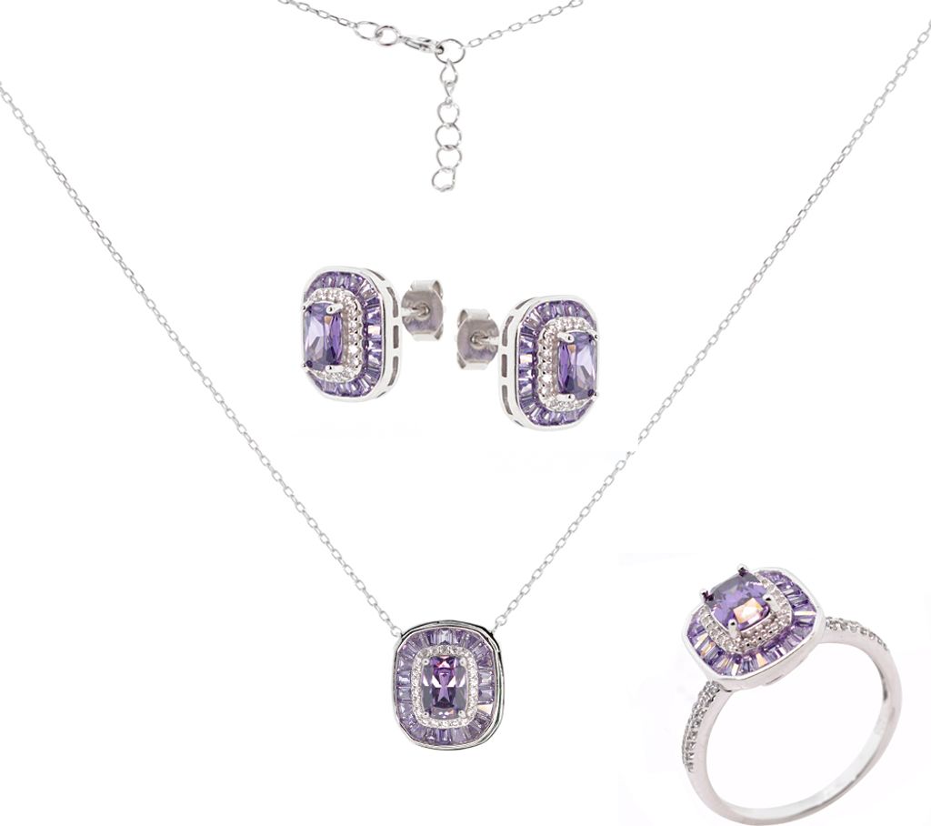 Schmuckset aus 925 Silber mit Zirkonia: Ohrstecker +Kette mit Anhänger +Ring