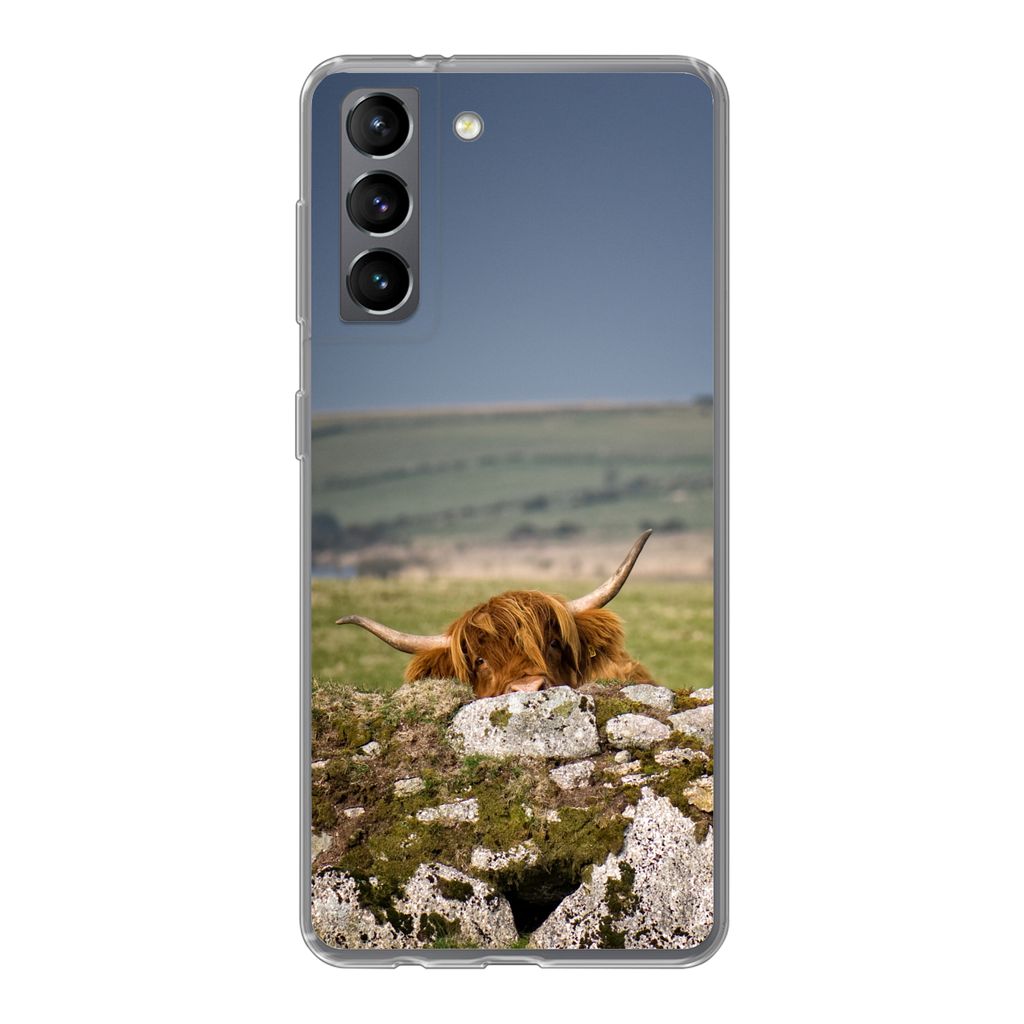 MuchoWow Handyhülle Schutzhülle Hülle für Samsung Galaxy S21 Schottische Highlander - Steine - Gras Silikon Softcase Handy Hülle - Softcase