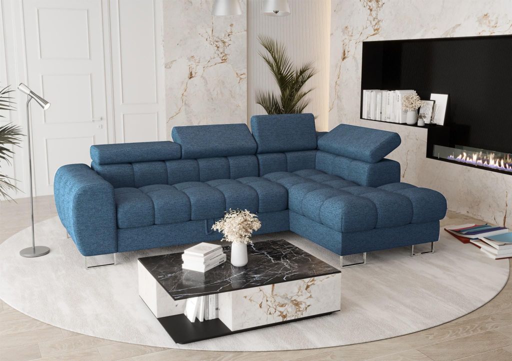Ecksofa Schlafsofa BASTIEN in Stoff Aragon Blau Ottomane Rechts