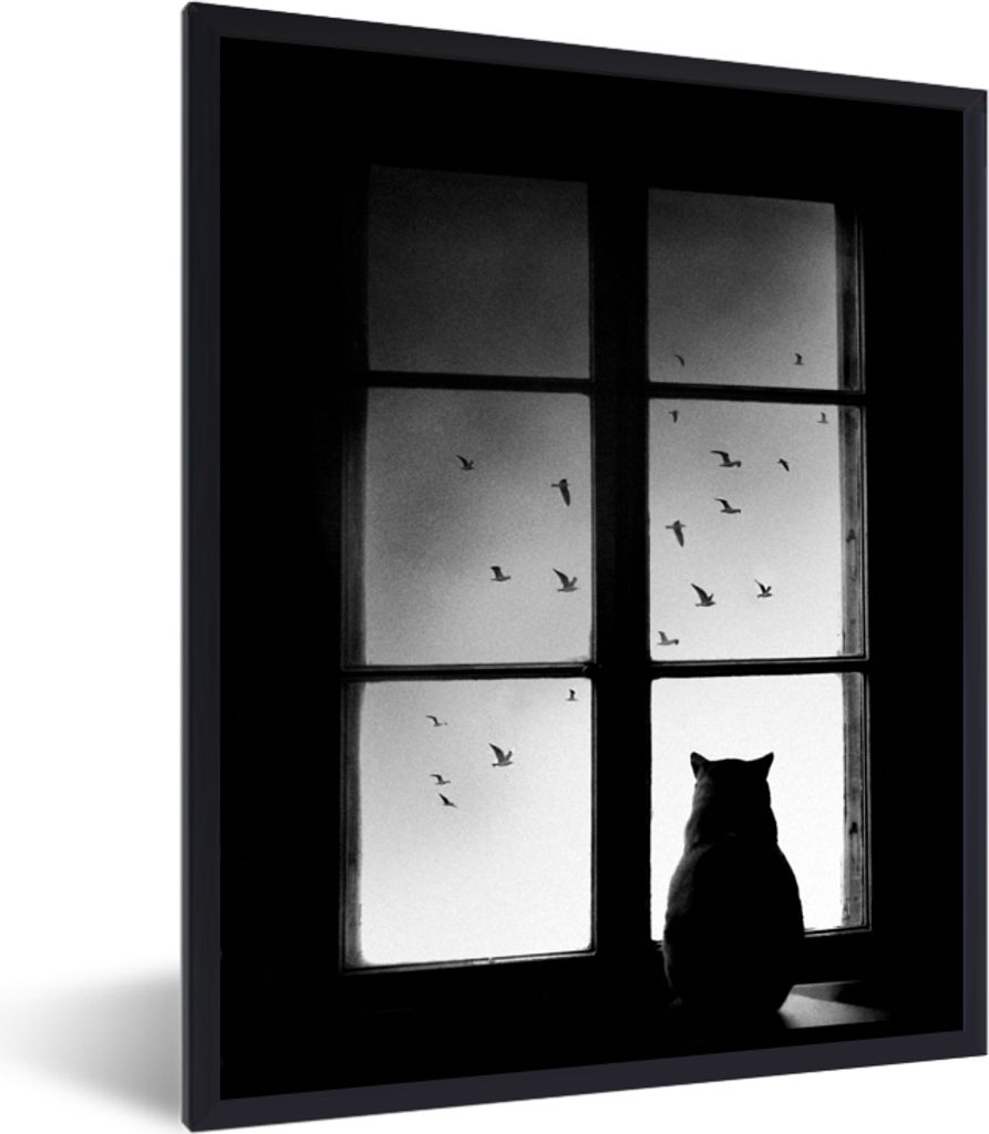 MuchoWow Gerahmtes Poster Katze - Tiere - Schwarz und weiß - Fenster 60x80 cm - Poster mit Schwarzem Bilderrahmen Wandposter Rahmen Foto Bilder ...