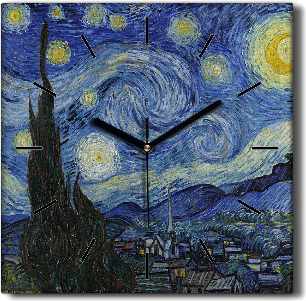 Coloray Hodiny Unikátní 30x30 cm Tiché hodiny Pro obývací pokoj a kuchyň Nástěnné hodiny Plátno Černé ručičky hodin - Van Gogh Stern...