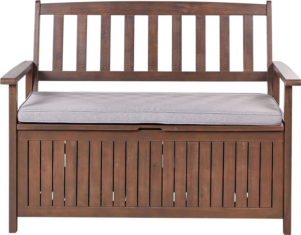 BELIANI Gartenbank Dunkelbraun Akazienholz 120 cm mit Auflage Hellgrau Armlehnen Stauraum Modern Garten Terrasse Wintergarten Ausstattung Outdoor