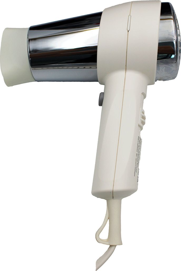 A white and silver hairdryer is shown against a white background.