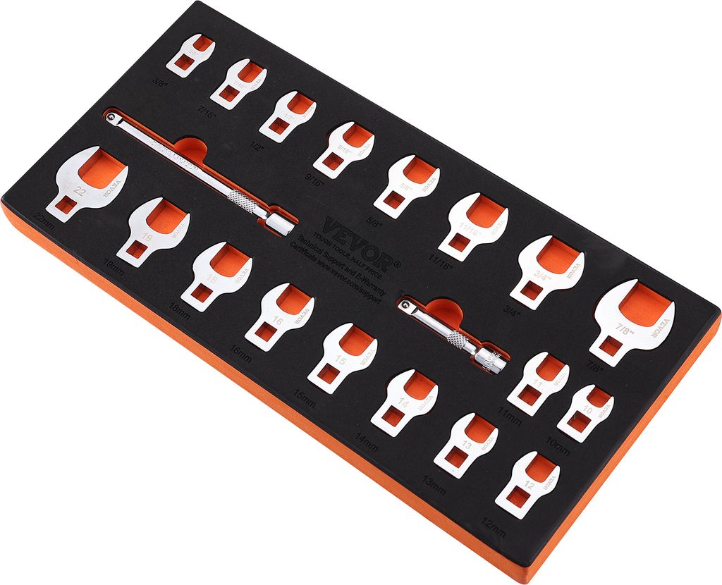A set of crowfoot wrenches neatly arranged in a black foam organizer with orange accents.